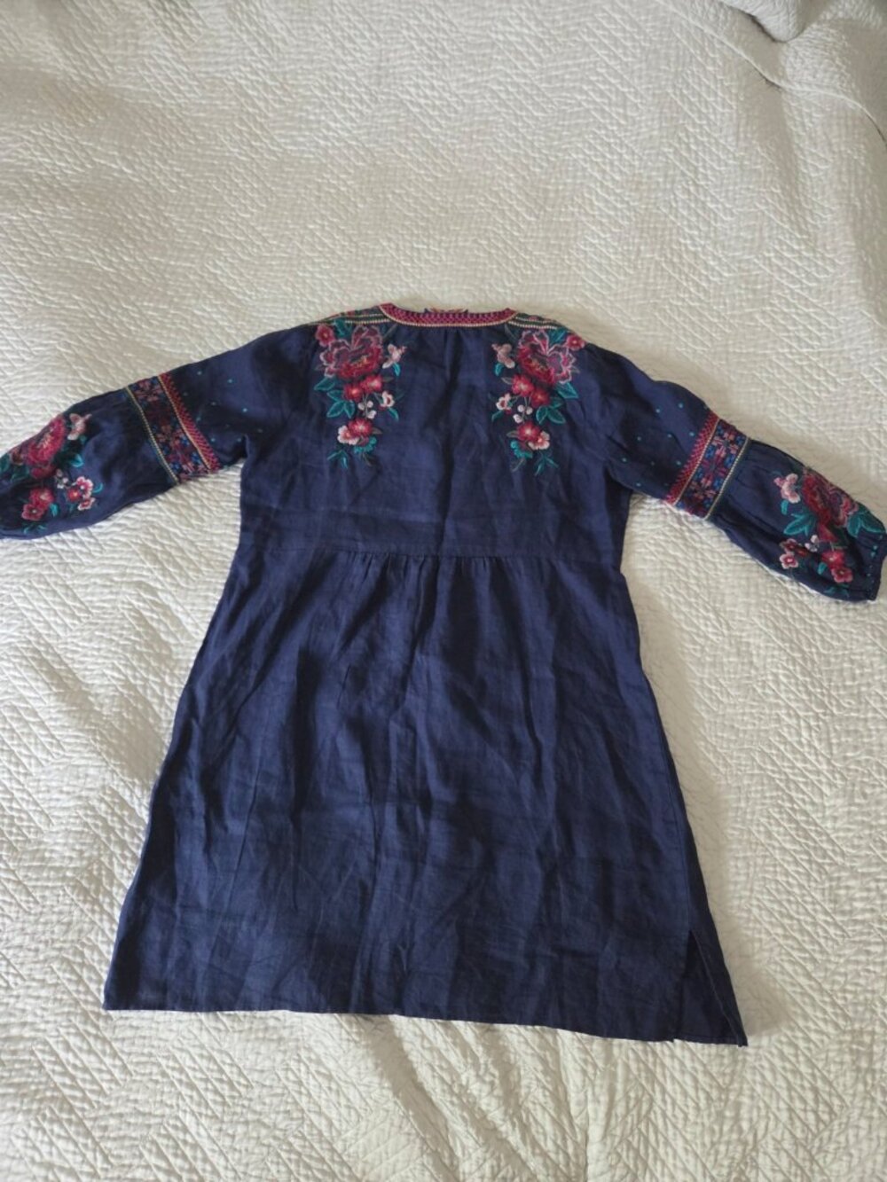 Johnny Was Annaliese Navy Linen Embroidered Bishop Sleeve Dress S - Picture 7 of 8